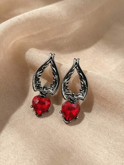 1 Pair Halloween Dark Demon Wings Red Rhinestone Heart Earrings For Women, Suitable For Punk Gothic Style Daily Wear