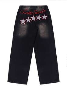 Y2K Hip Hop Style Men's Washed Black Wide Leg Jeans, Decorative Faux Back Pockets With Star Embroidery, Street Casual Long Pants - Black - View 6