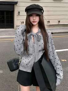 Elegant Niche Bowknot Grey Polka Dot Knit Cardigan Sweater For Women, Can Be Worn Alone Fall - Grey - View 1