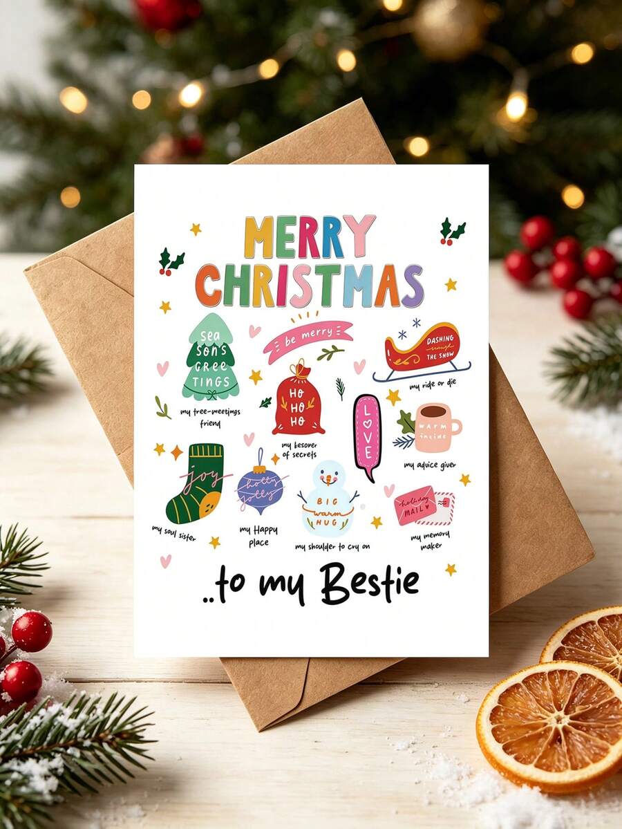 1pc "Merry Christmas To My Bestie" Christmas Card With Envelope - Cute Colorful Holiday Greeting For Female Best Friend & Sister, Blank Inside - A - View 1