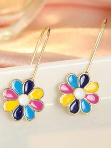 Women's Drip Oil Daisy Pendant Earrings, Colorful Petal Ear Drops - Gold - View 7