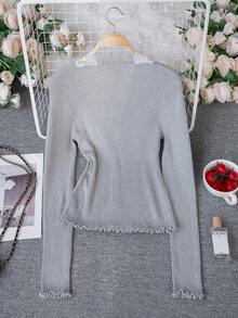 Cardigan Rajut Renda Kontras Gaya Korea, Kancing Tunggal dengan Hiasan Rumbai, Pinggang Tinggi, Potongan Ramping, Lapisan Dalam untuk Musim Gugur - Grey - View 10
