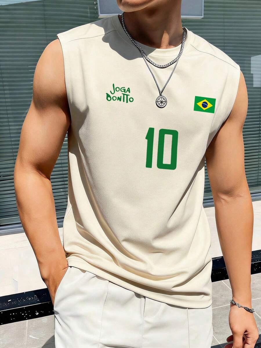 男士運動背心,復西足球球衣-傳奇10號,休閒足球迷,足球背心,標準版型無袖健身服,柔軟舒適面料 - 杏色 - 查看 1