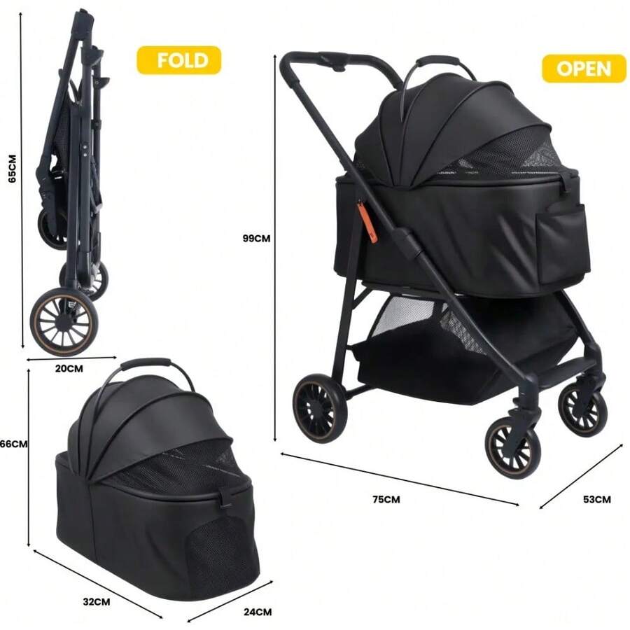 Foldable 2-In-1 Pet Stroller For Cats & Small Dogs – Lightweight 4-Wheel Trolley With Adjustable Canopy, Breathable Mesh Panels, Storage Compartment & Included Carry Bag – Compact Design For Walks, Travel & Outdoor Adventures (Black) - 單層附收納籃 - 查看 1