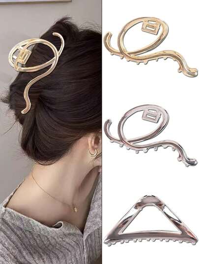 3pcs Premium Minimalist Triangle Line Design Alloy Hair Claw Clips, Large Hair Claw For Back Of Head, Bathing, Updo, Voluminous Hair, Half-Up, High Ponytail, Non-Slip Hair Clips For Outings, Sports, Shopping, Parties, Gatherings, Vacations, Performances, Afternoon Tea, Versatile Hair Accessories, Ideal Gifts For Valentine's Day, Back To School, Halloween, Carnival, Birthday
