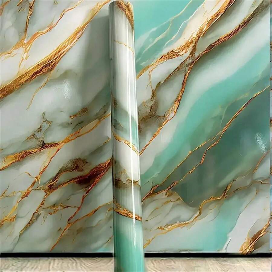 1 捲綠色自黏可移除 PVC 大理石紋壁紙，防水防油多用途乙烯基貼紙，適用於廚房櫥櫃、臥室客廳牆面、檯面及家具翻新