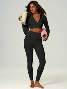 UONNOU 2pcs Women's Sports Shaping Set, Wheat Ribbed Zipper Long Sleeve Cropped Top & High Waist Tummy Control Butt Lifting Leggings - Black - View 7