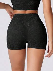 Women's Fashion Silver Thread Embellished Butt-Lifting Sports Shorts With Subtle Glitter, Pilates Black - Black - View 4