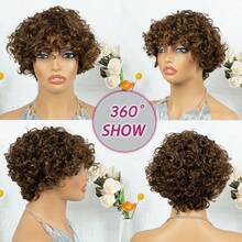 Women' Brazilian Real Human Hair Wig Brown/4#, 1B Color Suitable For Skin Tones - Short Loose Curly Tight Curly Bob Pixie Cut With Bangs & Fringe, Natural Looking Highlighted Wig, No Lace For Daily Wear, Parties, Suitable For Occasions - Multicolor - View 8