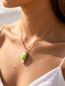1pc Cute Women's 18K Gold Stainless Steel Fish Pendant Necklace, Wave Chain Green Fish Pendant Ocean Beach Jewelry, Waterproof Summer Y2K Style Gift, Bohemian Style - Gold - View 2