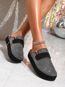 Sandalias tipo mule de mujer HGUIGJ de verano, nuevas, con punta redonda, strass y suela gruesa, estilo slip-on para playa y vacaciones, adecuadas para viajes al aire libre y compras diarias - Negro - View 1