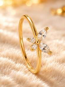Znice 304 Stainless Steel + Copper 18K Gold Plated Stackable Ring Set, Women's Luxury Sparkling Diamond Ring 3 Pieces Set, Lightweight Butterfly Ring, Hypoallergenic Minimalist Jewelry, Perfect Christmas Gift, Travel & Vacation Accessory - Gold - View 5