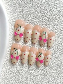 10pcs Korean Sweet Style Handmade Press-On Nails, Polygel Nail Art Set, Cherry Pattern, Pink & White Color, Sweet Girl Style, Includes Nail Tools, 3 Sizes Available, Almond Shape, Duck Shape, Coffin Shape, Suitable For Party, Dancing, Daily Wear - Multicolor - View 14