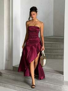 Women's Summer Red Strapless Satin Slit Slip Dress For Party, Holiday, Back To School - Burgundy - View 4