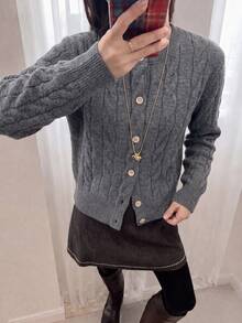 Women's Autumn/Winter Casual Minimalist Cable Knit Cardigan Sweater Jacket - Grey - View 5