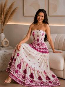 July Tropical Strapless Dress In Various Prints, 2025 Collection - Pink - View 1