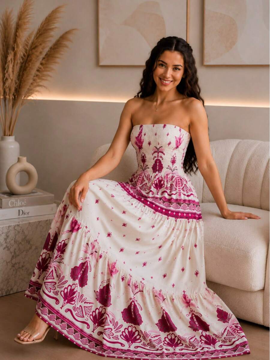 July Tropical Strapless Dress In Various Prints, 2025 Collection - Pink - View 1