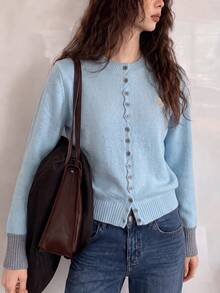 Women's Autumn Casual Minimalist Gentle Contrast Color Design Long Sleeve Cardigan Knit Sweater Jacket Fall - Blue - View 1