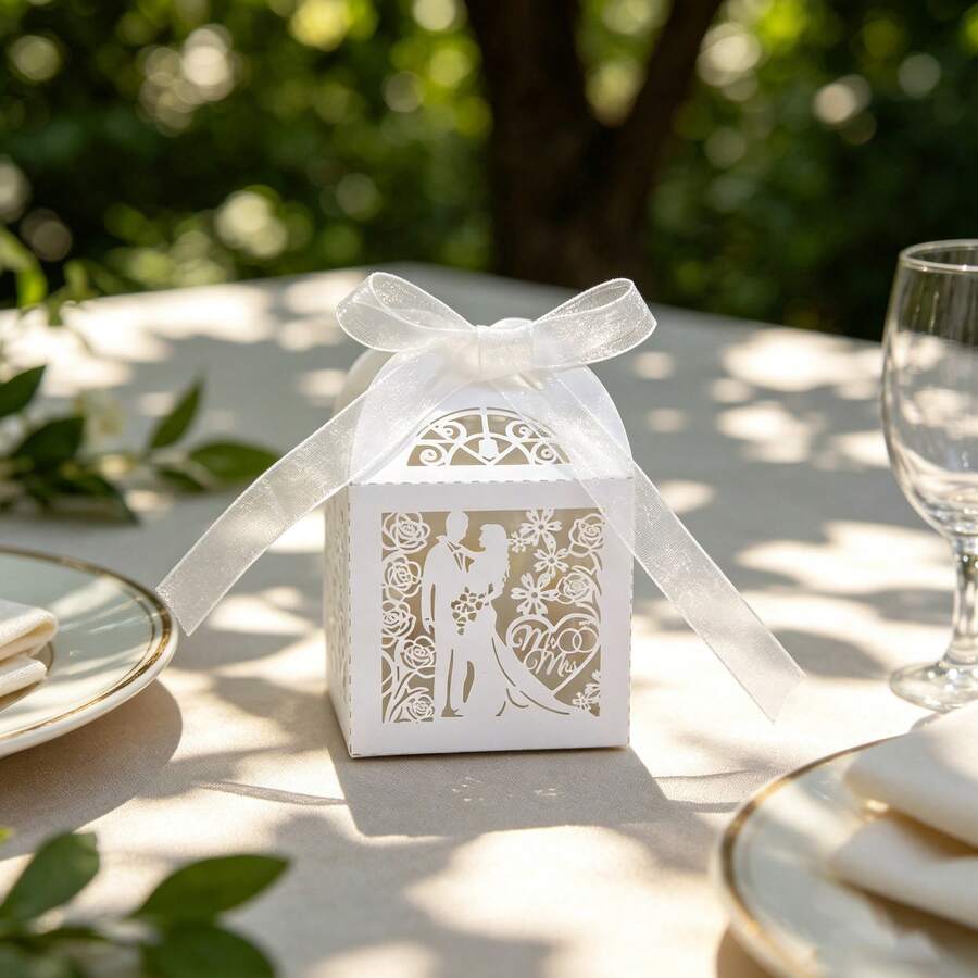 30pcs Baptism Gift Boxes, Wedding Favor Candy Boxes, Laser Cut Baptism Gift Boxes With Ribbon, Baptism Decoration, Candy Boxes, Hollow Groom & Bride Design Wedding Small Gift Boxes, Wedding Decoration Candy Boxes Gift Boxes - Multicolor - View 1