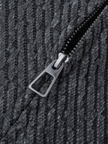 1pc Men's Grey Hooded Sweatshirt Jacket, 3D Diagonal Ribbed Knit Fabric, Soft & Thick, Smooth Full Zip Closure, Easy To Put On And Take Off, Suitable For Daily Commute, Autumn/Winter Layering, Vintage Vibe Short Hooded Jacket - Grey - View 9