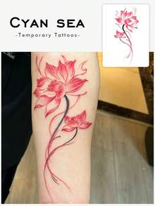 1件紅色漸層雙蓮花流蘇細長垂直條紋臨時紋身貼紙，逼真假紋身設計，適合日常、單身派對小禮物、音樂節、遊戲、畢業禮物，可維持3-5天 - 彩色 - 查看 1