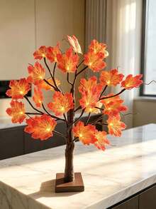 1pc 60CM Red Maple Leaf Tree Light, 24 Warm White LED Lights, 3 AA Battery Box + USB Dual Power Supply, Maple Leaf Atmosphere Tree Lamp, Bedroom Desktop Thanksgiving Autumn Party Homestay Decoration Ornament Light - Yellow - View 2