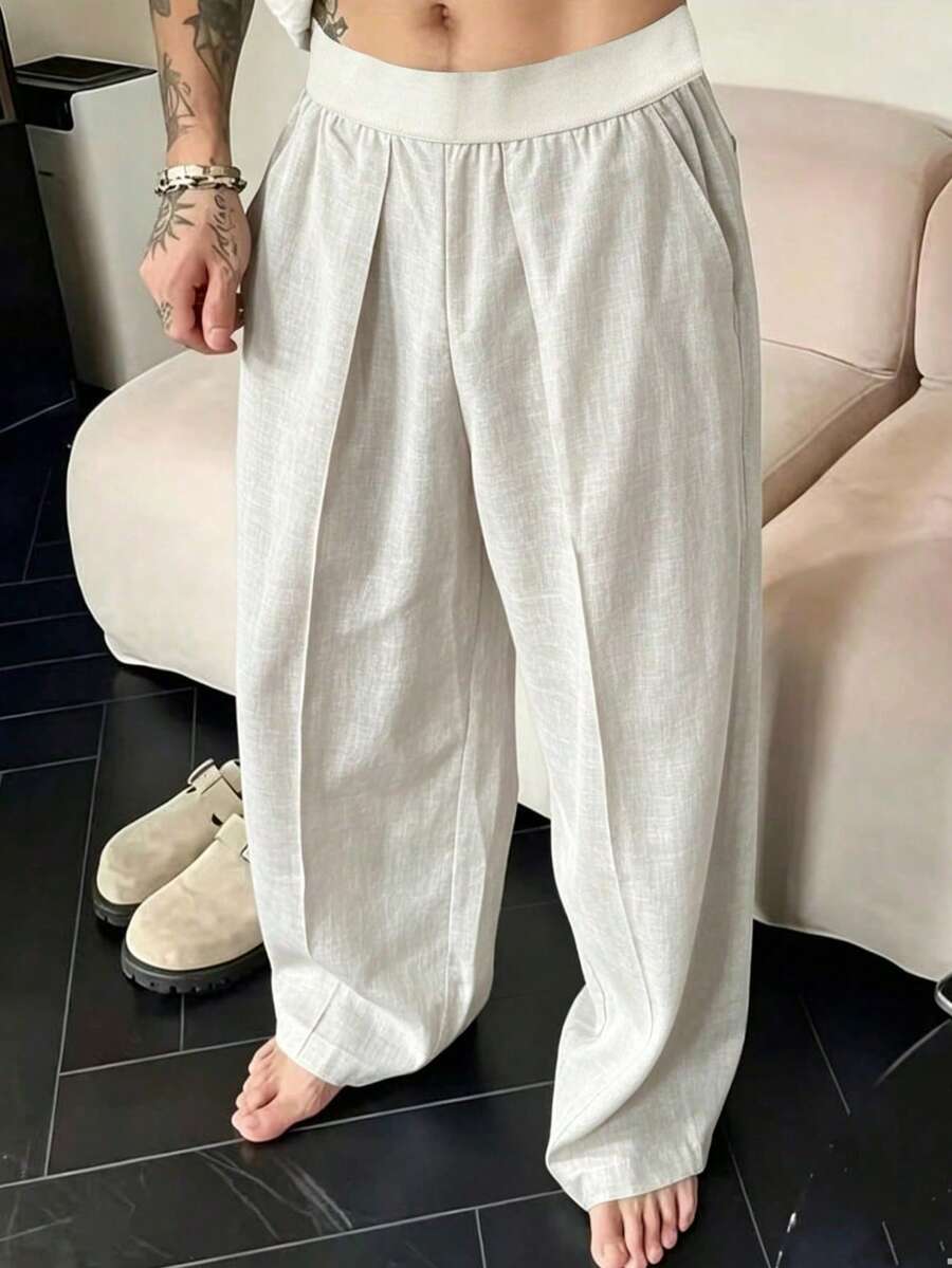 寬腿男士彈性腰時尚休閒純色長褲 - 杏色 - 查看 1