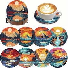Sunset 8pcs Diamond Painting DIY Coaster Set, Round Shiny Rhinestones, Easy To Apply, Complete Tool Kit, One-Stop, Beginner Stress Relief Creative Handmade, Spring Festival Christmas Teacher's Day Gift, Dining Table Coffee Table Heat Insulation Mat, Practical Gift For Best Friend Family Teacher - 8pcs - View 2