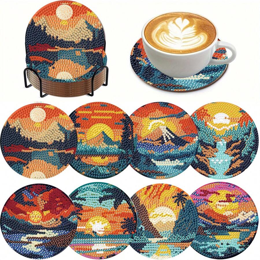Sunset 8pcs Diamond Painting DIY Coaster Set, Round Shiny Rhinestones, Easy To Apply, Complete Tool Kit, One-Stop, Beginner Stress Relief Creative Handmade, Spring Festival Christmas Teacher's Day Gift, Dining Table Coffee Table Heat Insulation Mat, Practical Gift For Best Friend Family Teacher