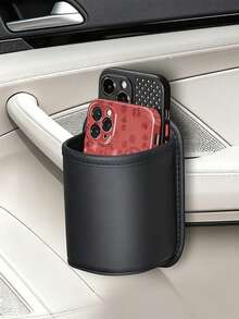 1pc Modern Minimalist PU Leather Cylindrical Hanging Bag, Large Opening With Stitched Edge, Durable And Stable, Suitable For Water Bottles, Beverage Bottles, Small Items, Car Headrest, Back Seat, Car Door Side Cup Holder Storage And Organization, Car Essential - Multicolor - View 7