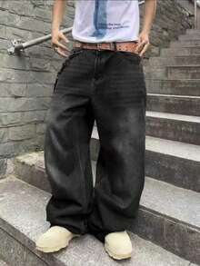 Y2K Teen Boys Straight Leg Loose Casual Versatile Denim Jeans With Pockets - Black - View 3