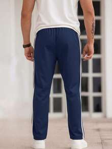 Men's Spring/Summer Casual Commute Pants, Breathable Striped Drawstring Long Pants, Slim Fit Natural Waist Outdoor Running Sports Pants - Navy Blue - View 5