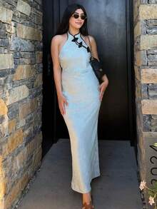 Women's Satin Halter Jacquard Backless Qipao Summer Sleeveless Frog Buttons Chinese Style Party Dress - Blue - View 3