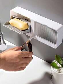 Wall-Mounted No-Drill Soap Holder Bathroom Sink Soap Drainage Storage Rack With Lid Dust-Proof Waterproof Soap Storage Box Dual Compartment Large Capacity Wall-Hanging Soap Storage Suitable For Bathroom, Toilet, Sink, Kitchen, Etc. - Multicolor - View 2