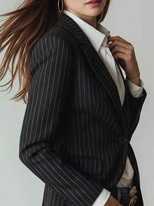 Women's Vintage Pinstripe Woven Blazer, Long Sleeve Business Jacket, Autumn Essential, Suitable For Commuting And Office Wear, Black Autumn Style - Black - View 4