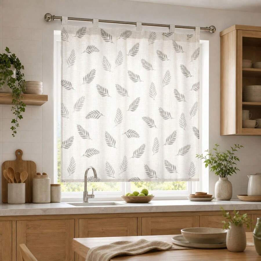 Grey Leaf Print Linen Kitchen Curtain, Nordic Style Short Window Curtain With Tabs For Bathroom Or Hallway, Filters Light And Provides Privacy - White - View 1