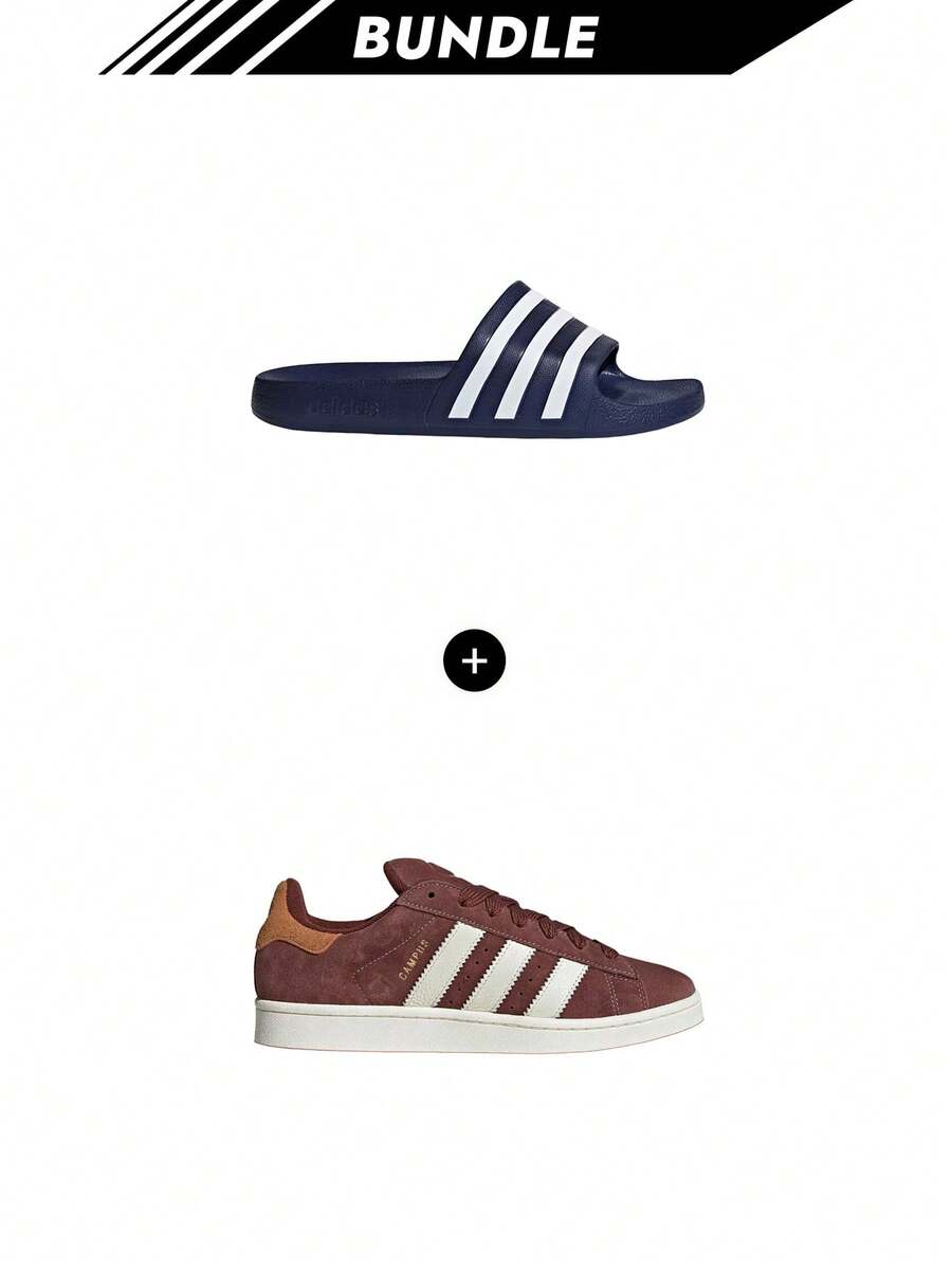 Adidas [Bundle] Adilette Slides F35542 + Campus 00s Men Shoes Fox Brown / Off White / Rustic Orange JS3785 - Dark Blue+Fox Brown - View 1
