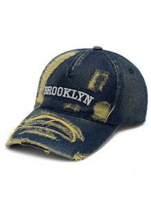 1件中性款做舊水洗牛仔棒球帽，BROOKLYN字母刺繡復古磨損破洞卡車帽，可調節街頭風Y2K遮陽帽 - BROOKLYN牛仔破洞 - 查看 16