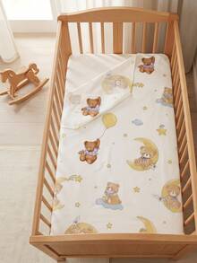 1pc Cute Cartoon Print Soft Breathable Comfortable 100% Cotton Baby Bed Sheet - Moon Goodnight Bear - View 5