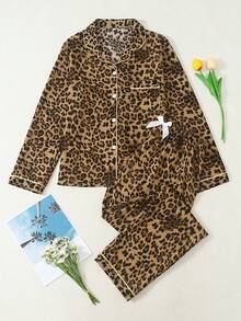 Women's Leopard Print Long Sleeve Long Pants Bubble Crinkle Pajama Set - Brown - View 1