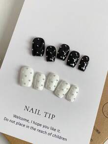 Minimalist Black White Silver Bead Short Square Press On Nails Glossy Simple Fake Nail Tips - Multicolor - View 2