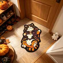1pc Magic Cloak Calico Fat Cat Shaped Floor Mat, Full Cat Silhouette, Lazy Lying Pose With Healing Vibe, Black White Orange Calico Cat With Black Gold Magic Cloak - Multicolor - View 5