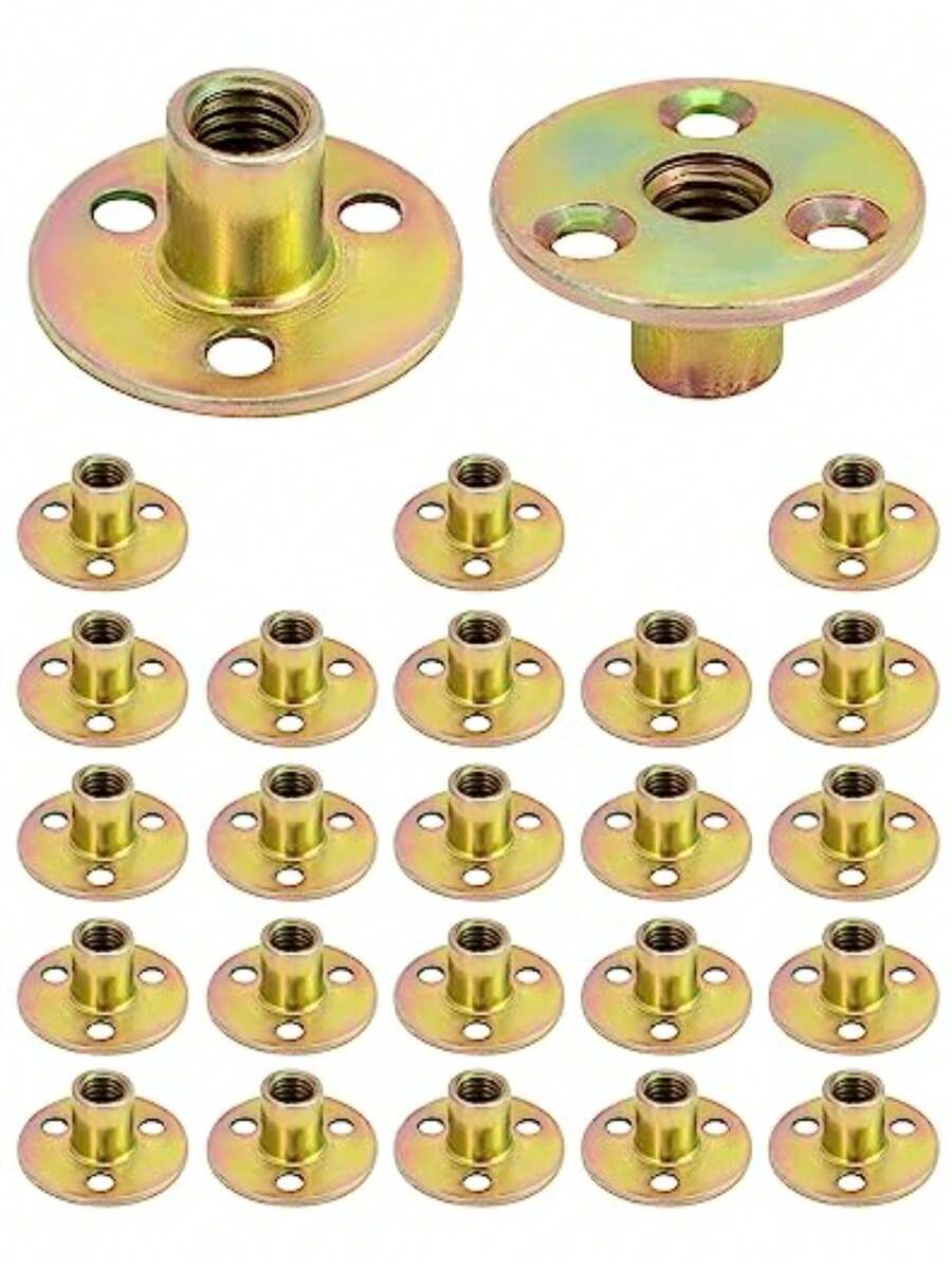 QWORK 3/8"-16 Iron Plate Nut, 25-Piece Set T-nut with Round Base Carbon Steel T-Nuts, Furniture Hardware Flange Insert Female Thread T-Nut - Amarillo - Ver 1