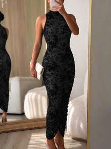 ChicMe Women Flocking Floral Mesh Midi Dress Mock Neck Sleeveless Ruched Bodycon Dress Sheer Overlay Cocktail Party Dresses - Black - View 7