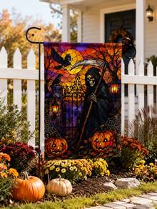 1 pieza Bandera de jardín de lino de Halloween, con estampado de vidriera de la parca, calabaza, cuervo, luna llena, puerta del cementerio y telaraña, con funda para poste, decoración gótica para exteriores para césped, porche, patio, camino, casa embrujada y decoración de fiesta de Halloween - Multicolor - Ver 10
