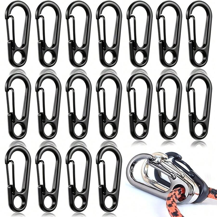 20PCS Heavy-Duty Spring Hooks - Safety Lock Keychain With Loop For Camping, Keys, Tools, Outdoor Gear - Durable Construction - Fits Backpacks, Belts, Camping Accessories, Compact Design, Sturdy Build, Tool Clip, Detector - Black - View 1