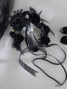 1pc Gothic Black Rose Handheld Hoop Bouquet Elegant Ribbon Bow Spider Floral Ring For Bridesmaid Bridal Wedding Cosplay Photo Props - Black - View 1