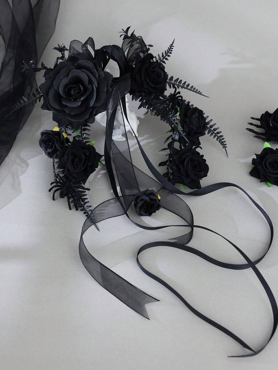 1pc Gothic Black Rose Handheld Hoop Bouquet Elegant Ribbon Bow Spider Floral Ring For Bridesmaid Bridal Wedding Cosplay Photo Props - Black - View 1