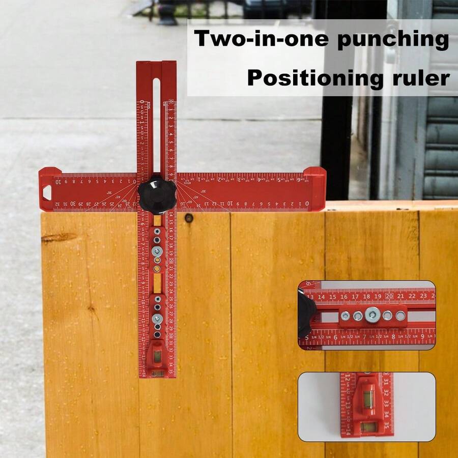 1 Set 2-In-1 T-Square Hole Position Marking & Positioning Tool, 35cm/13.77in, Aluminum Alloy Multi-Function Square Ruler Marking & Measuring Tool, For Precise Layout And Marking, High-Precision Square Ruler Suitable For Accurate Drilling Of Drawers And Doors