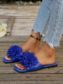 Women's Summer Klein Blue 3D Mesh Floral Square Toe Slide Sandals, Soft Sole Non-Slip Beach Slippers For Vacation And Outdoor Wear - Blue - View 6